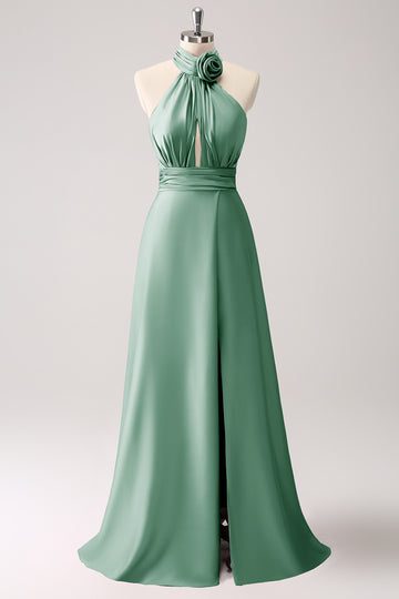Vestido de dama de honor de satén de ojo de cerradura Eucalipto con abertura